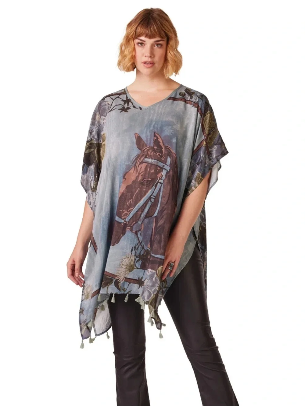 Double D Ranch Old Billie Horse floral Print tassel Poncho Dress L/XL NWT $295